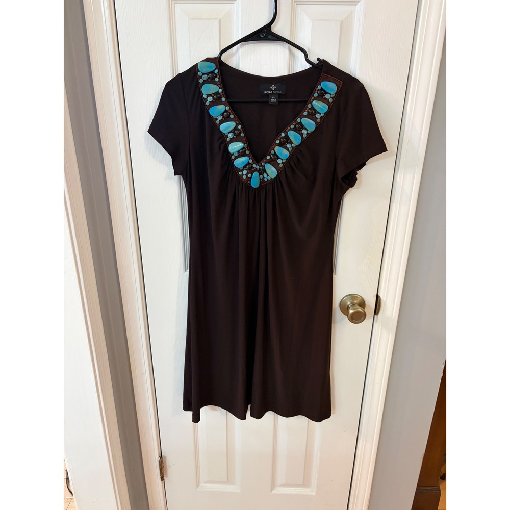 Ronni Nicole Dress Women 12 Brown Beaded Turquoise V-Neck Short Sleeve A-Line